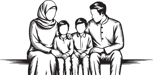 Muslim family sitting together in different line art styles Vector © MdMufassel