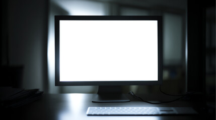 Fototapeta premium A modern computer monitor displaying a blank screen, emphasizing the sleek design and minimalist workspace aesthetics.