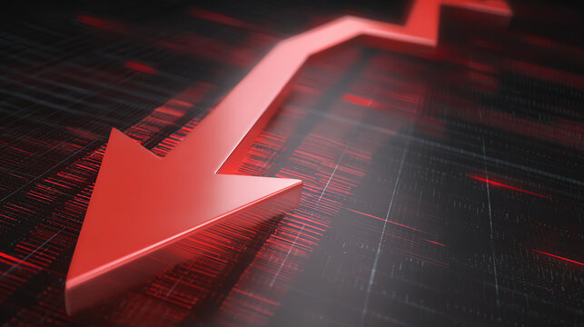 A striking red arrow symbolizes a downward trend against a dark digital background, representing financial markets or stock analysis.
