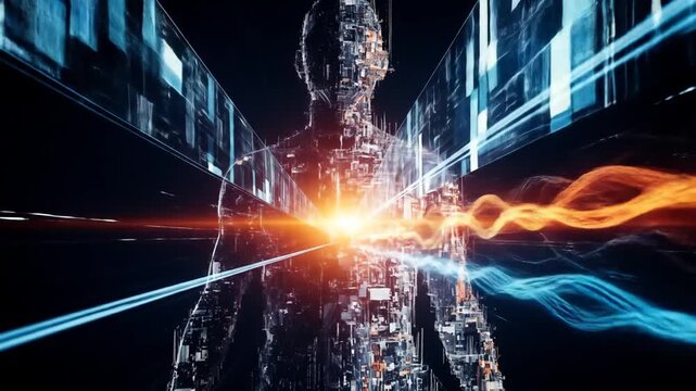 Dynamic Human Form Surrounded by Data Streams, Digital Environment, Futuristic Perspective, Conceptual Technology Art