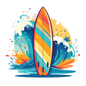 Vibrant colorful surfboard on water.