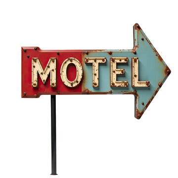 A motel sign with an arrow pointing to the left, perfect for use in travel or adventure scenes