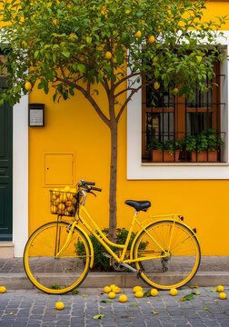 Yellow bicycle with lemons leaning against vibrant yellow building exterior