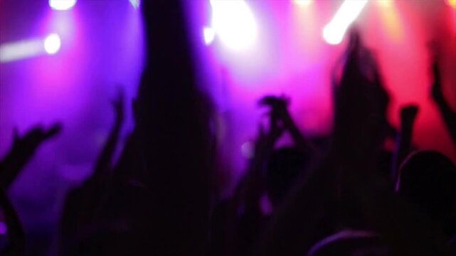 Lot people applause music concert. Many teen fans cheering fun party lift hand up. Crowd hang out cool night life fest applause kpop chill. Epic hip hop clap. Neon light rave. Joy dj enjoy. Live arena