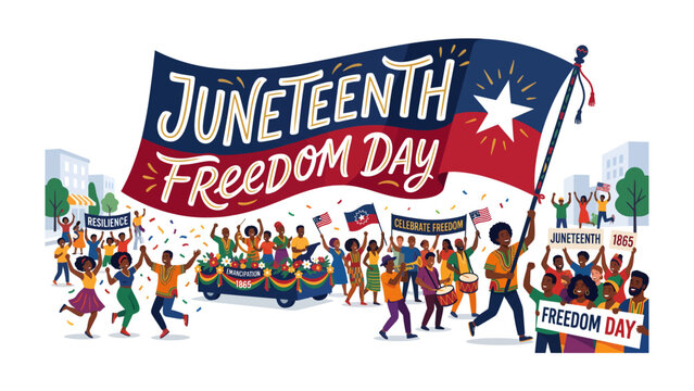 Juneteenth Freedom Day Parade: A vibrant illustration depicts a joyous Juneteenth Freedom Day parade with people of color celebrating liberty and heritage with music, dancing, and flags.