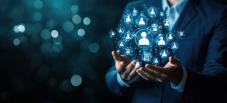 Change management strategy concept with business professional presenting digital team interface, organizational transformation process, leadership alignment and workforce transition planning