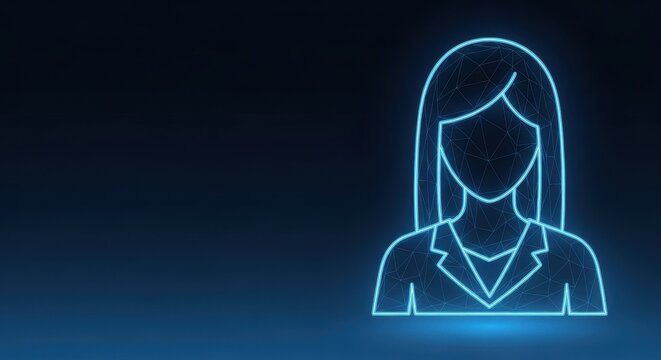 Glowing Neon Business Woman Icon with Digital Network Connections