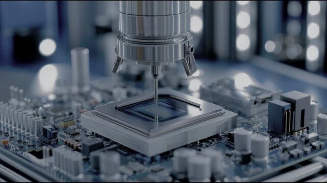 Robotic arm manufacturing advanced processor chip circuit board technology precision engineering automation factory industrial automated soldering semiconductor manufacturing electronic component