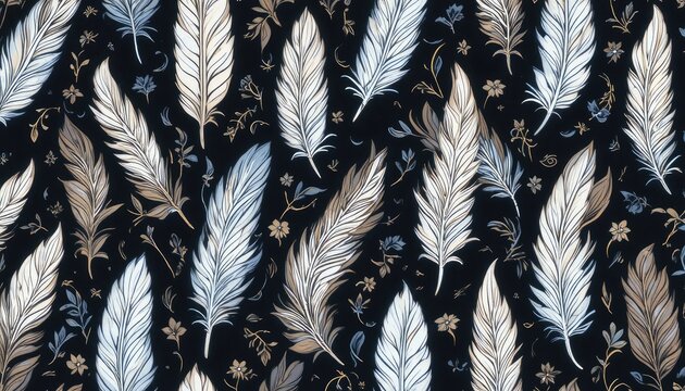 Seamless pattern featuring abstract feathers and flowing organic linework
