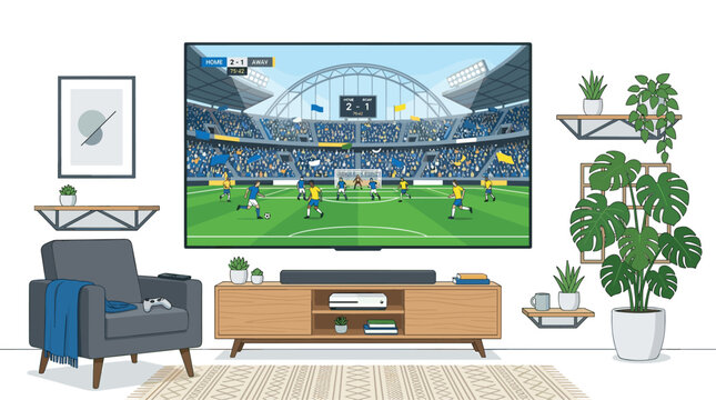 An empty gray armchair faces a large flat screen television displaying a live football match in a bright living room adorned with multiple green potted houseplants.