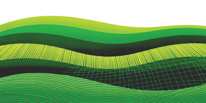 Abstract green rolling hills landscape with layered patterns and textured lines in a modern flat graphic style