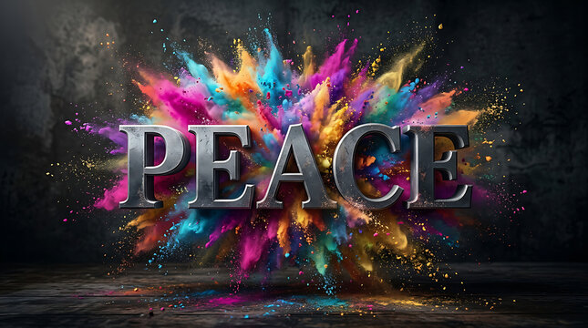 Metallic peace text emblem amidst dynamic colorful holi paint powder cloud explosion with colorful explosion abstract background celebration creative typography