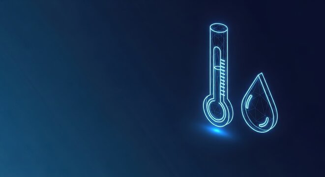 Glowing digital thermometer icon with abstract blue neon lighting against a dark background, representing scientific measurement and technology.
