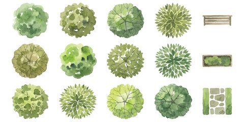 Top view collection of various green trees and garden elements for landscape design and architectural site plans © ZenVectors