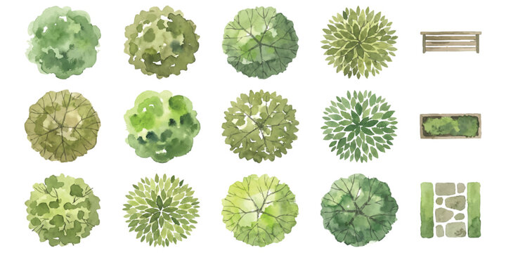 Top view collection of various green trees and garden elements for landscape design and architectural site plans