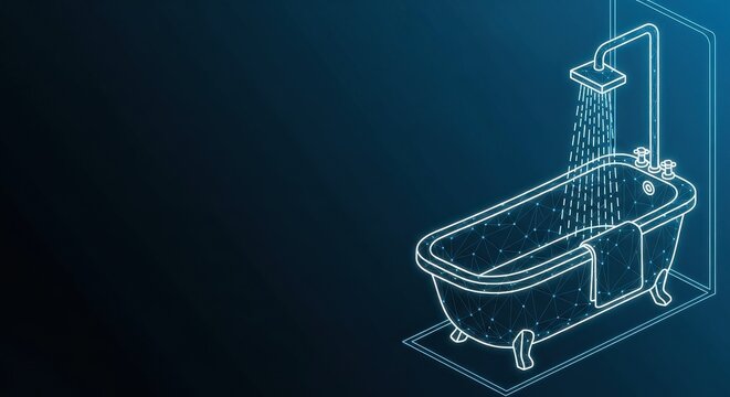 Modern outline of a freestanding bathtub on a digital blueprint, representing bathroom design and renovation concepts.