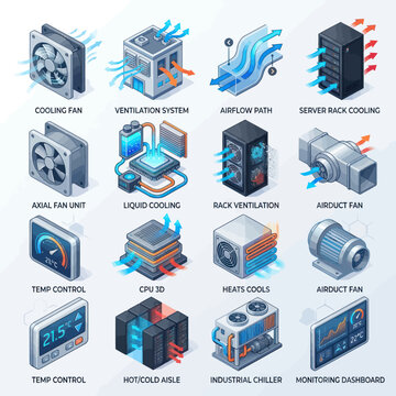 Computer cooling systems and airflow diagrams isometric illustration.
