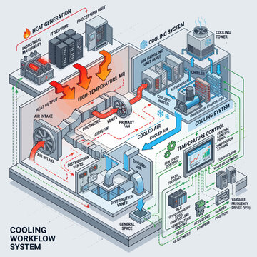 Cooling Workflow System Diagram with Heat Generation and Airflow.