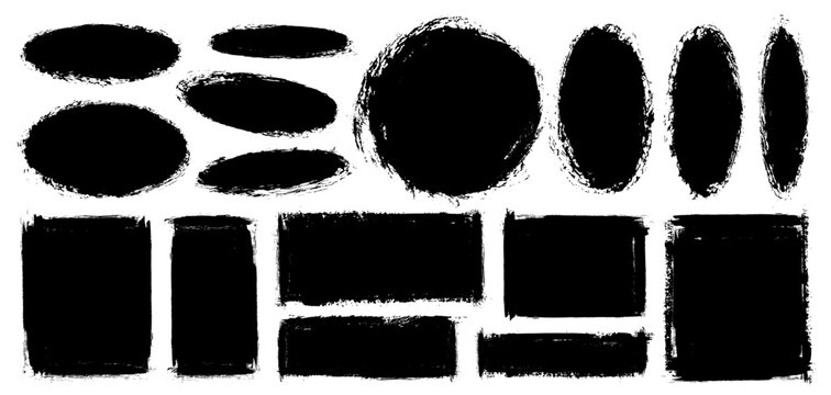 Brush paint frame set. Grunge stroke shapes. Rough ink texture watercolor stains. Vector squares, rectangles, circles, oval banners. Abstract splatter brushstrokes. Vintage calligraphy photo frames bg
