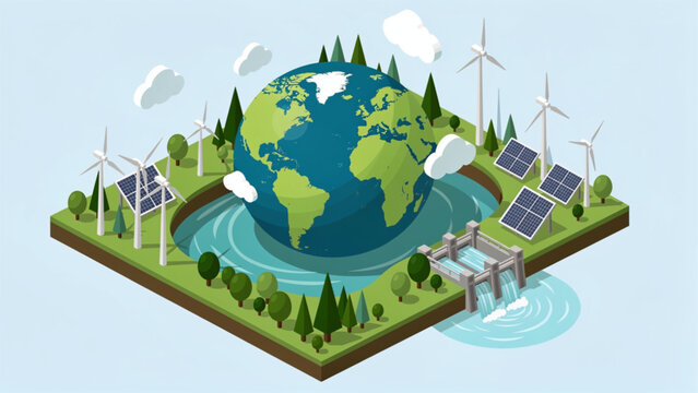 Eco-friendly isometric landscape with globe, wind turbines, solar panels, and dam