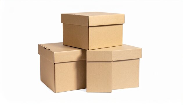 Stacked cardboard boxes, empty packing storage boxes, beige corrugated shipping containers, three stacked boxes