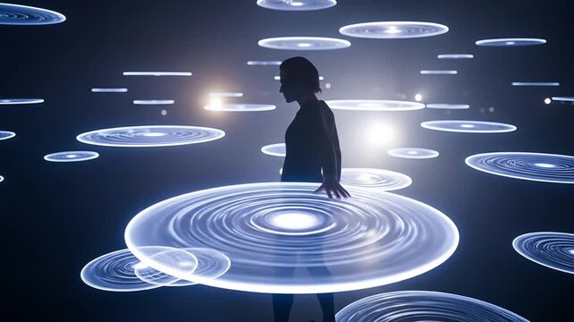 Futuristic Action, Individual, Dark Environment, Digital Art, Abstract Shapes, Side View, Conceptual Light Interaction