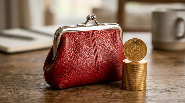 Red leather coin purse and stack of gold coins on table with investment currency business financial