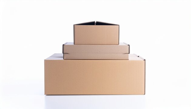 Stacked cardboard boxes on white background, empty packaging boxes, shipping materials, brown corrugated boxes, stack of boxes, packaging supplies, cardboard stack, delivery boxes, blank boxes, storag