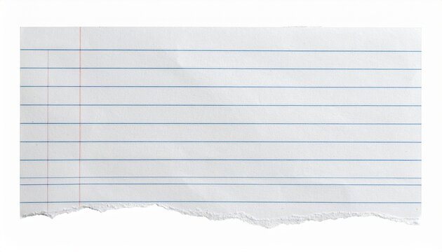 Torn lined paper with blue horizontal lines and red margin, close-up view of notebook page, stationery design element, blank paper texture