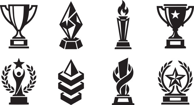 Award and trophy cup icons set Collection of winner prizes