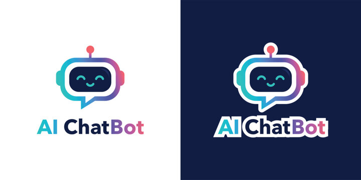 Modern AI chatbot logo set with friendly robot chat bubble icon, bold typography and color variations for tech branding, apps and customer support