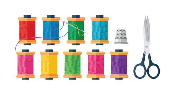Colorful sewing accessories with multi-colored thread spools, scissors, needle, and thimble illustration for tailor or craft hobby