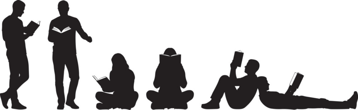 People reading books silhouettes collection in various poses studying learning education concept isolated on white background illustration