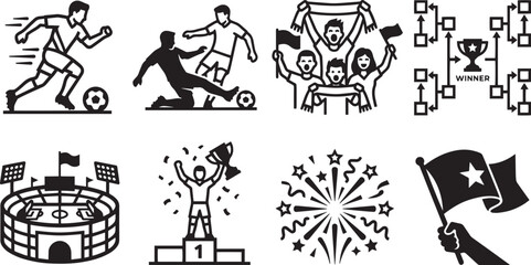 Obraz premium Soccer Tournament Championship and Football Fans Celebration Icon Set