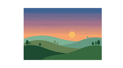 Fototapeta premium A serene digital landscape illustration shows gentle rolling hills with scattered trees under a soft gradient sunset sky with a flock of birds flying.