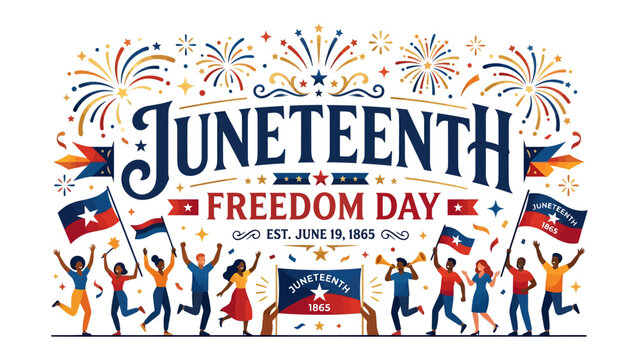 Juneteenth Freedom Day Celebration: A vibrant illustration depicts a joyous Juneteenth celebration with fireworks, diverse people waving flags and holding a banner, symbolizing freedom and liberation.
