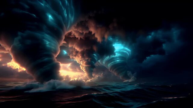 Tornado, twister, weather, natural disaster. A vivid digital artwork depicts a dramatic stormy scene. The main subject is a large, swirling cloud formation with distinct blue and orange hues.
