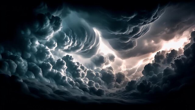 Fantasy wallpaper. A dramatic depiction of a stormy sky. The main subject is a large, swirling cloud formation, illuminated by a bright flash of lightning striking through the clouds.
