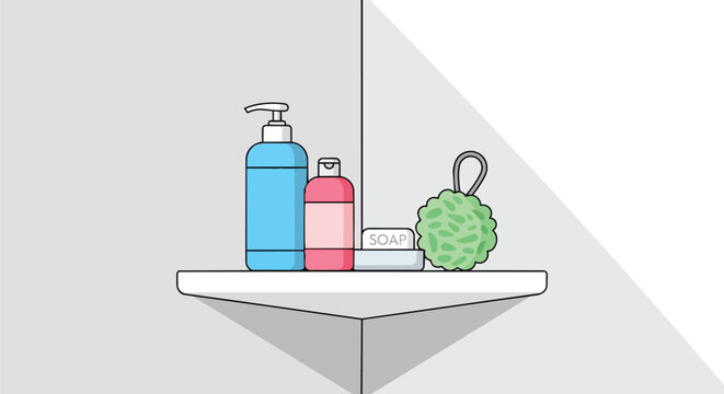 Bathroom corner shelf with shampoo pump bottle soap bar and green sponge mesh for shower and personal hygiene illustration