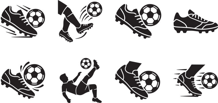 Soccer Kicking Action and Football Boots Silhouette Glyph Icon Set