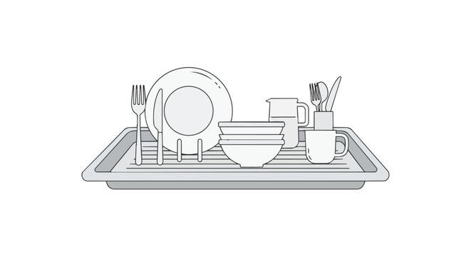 Clean minimalist illustration of a dish drying rack with plates bowls cutlery mug and pitcher on a tray for kitchen organization