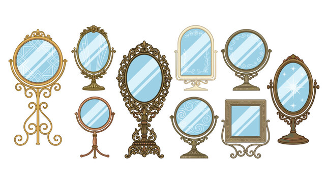 Ten unique tabletop mirrors featuring diverse geometric shapes and elaborate decorative stands are arranged uniformly on a bright white surface for a design showcase.