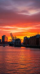 Fototapeta premium Vibrant Sunset Over a City River with Silhouetted Buildings and Cranes.
