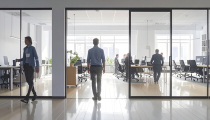 Fototapeta premium Modern Office Interior with Silhouetted People Walking Through Glass Doors.
