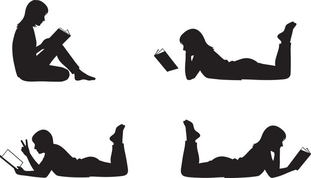 Silhouette of people reading books in different poses showing learning education and leisure activity isolated on white background