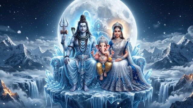 Divine Shiv Parvati Ganesha Glacier Fantasy Artwork