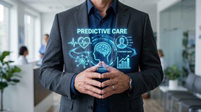 Businessman holding tablet with predictive care graphics