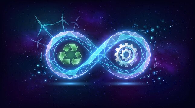 Circular economy concept with infinity symbol and renewable energy icons