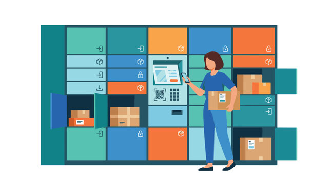 A female customer interacts with a modern automated parcel locker station while checking her smartphone to retrieve a delivered package in a flat style.