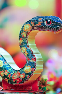 A statue of a snake surrounded by flowers. vertical frame